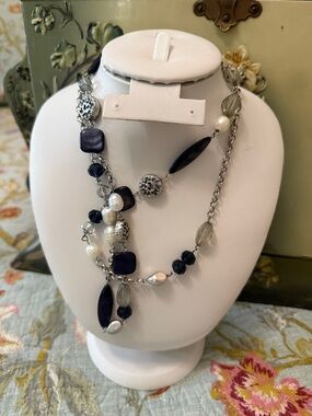 Chico's Navy, White and Silver Multi-Strand Bead Necklace